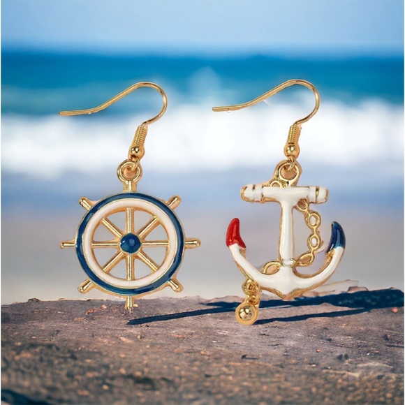 Nautical, Anchor & Helm Enamel Earrings. - Picture 1 of 4